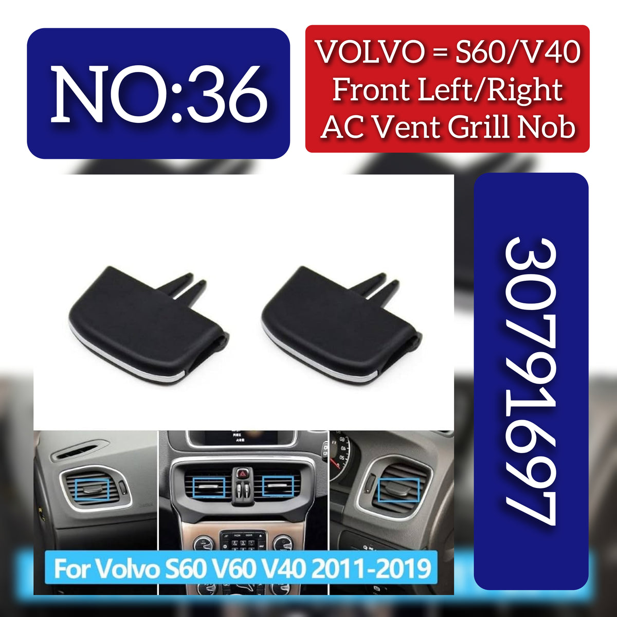 Front Air Conditioner Back Ac Vent Grille Outlet Tab Clip Slider Repair Kit 30791697 Compatible With VOLVO S60 & V40 (Set Of 2)