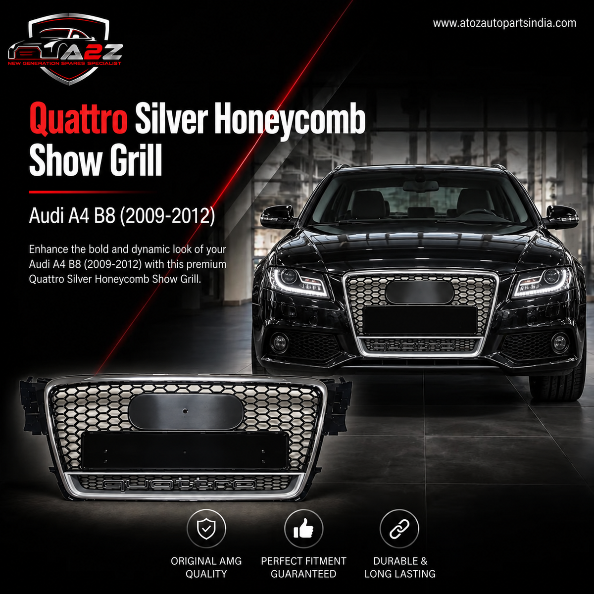 RS4 Quattro Silver Honeycomb Show Grill Compatible With Audi A4 B8(2009-12) Tag No.4