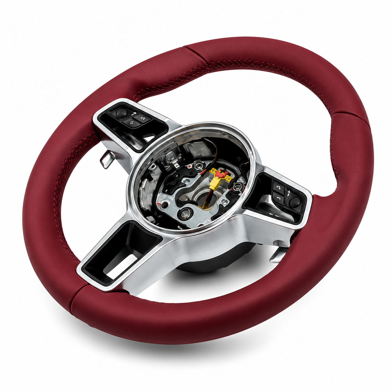 Burgundy Smooth Leather Steering Wheel Compatible With Porsche All Models