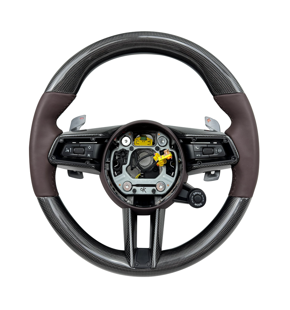Carbon Fiber & Dark Brown Smooth Leather Steering Wheel Compatible With Porsche All Models