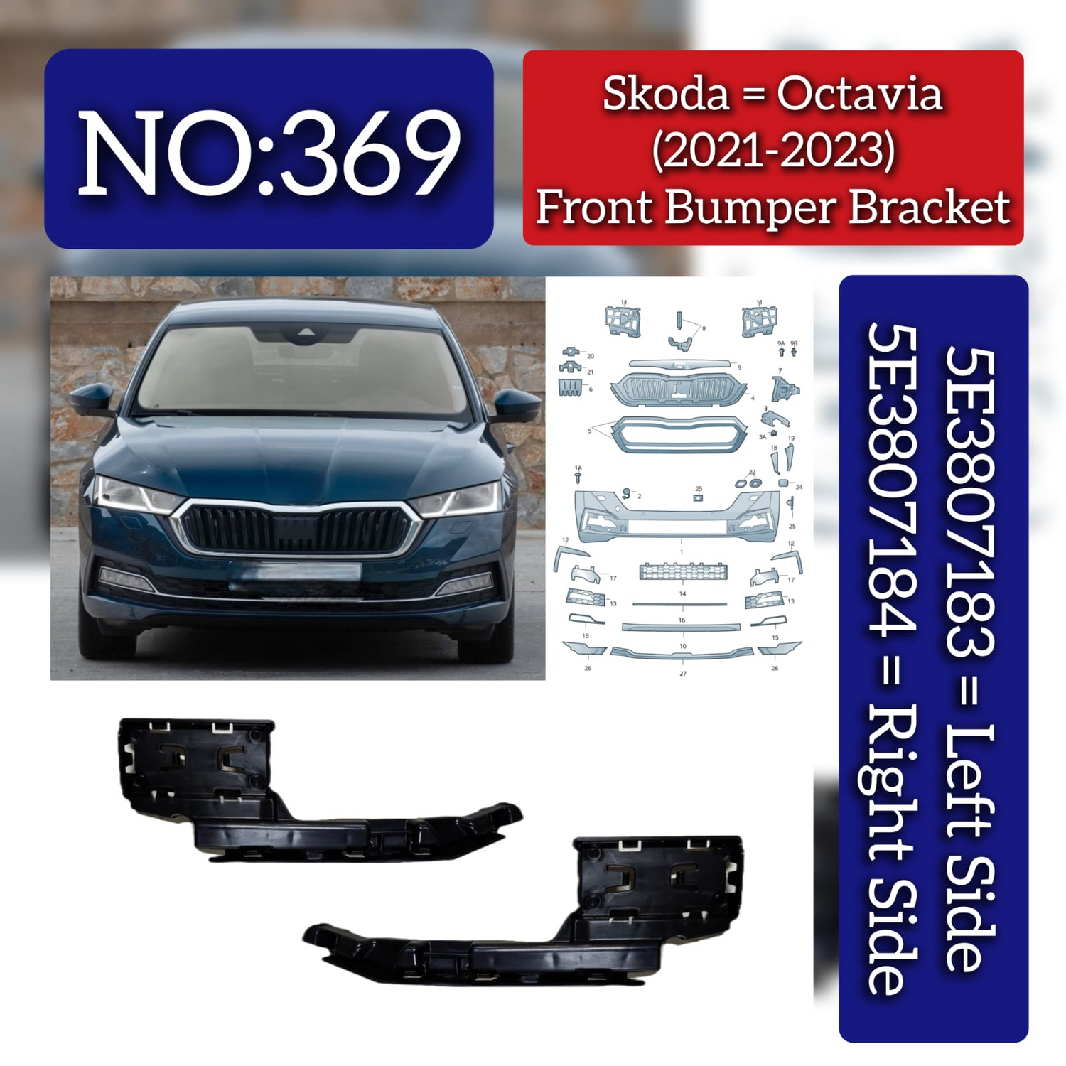 Front Bumper Bracket Set Left 5E3807183 & Right 5E3807184 Compatible With Skoda Octavia (2021-2023) Tag No.369
