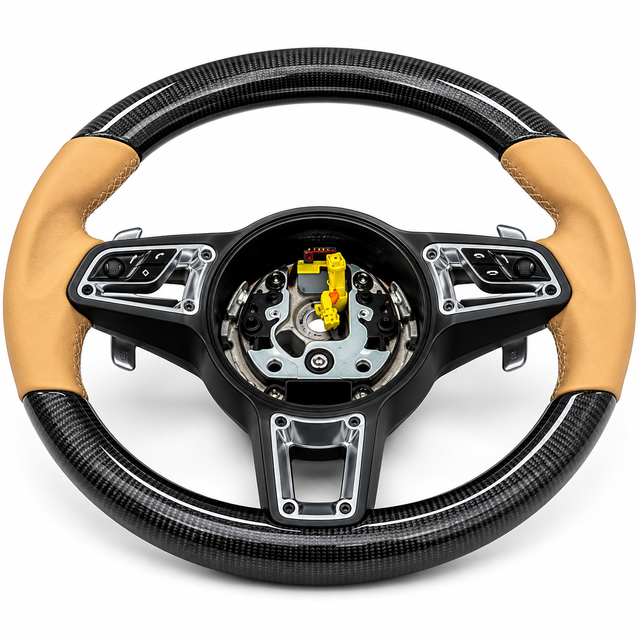 Carbon Fiber & Beige Smooth Leather Steering Wheel Compatible With Porsche All Models