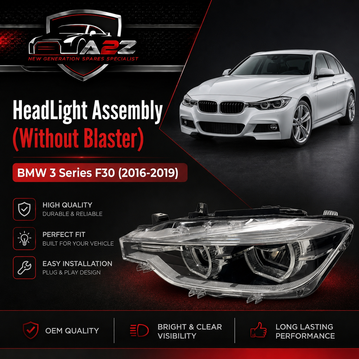 Complete Headlight Assy Left 63117419633 & Right 63117419634 63117314531 (Without Blaster) Compatible With BMW 3 Series F30 (2016-2019) Tag No.56