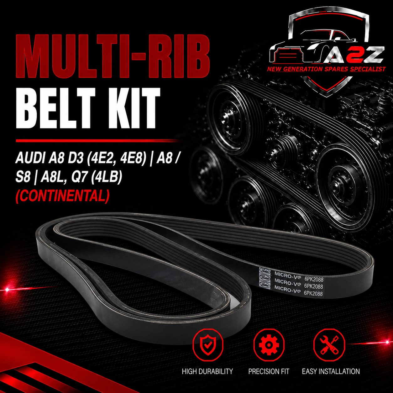 Multi RIB Belt Kit 6PK2490K1 Compatible With AUDI A8 D3 (4E2, 4E8) | A8 / S8 | A8L, Q7 (4LB) (CONTINENTAL)