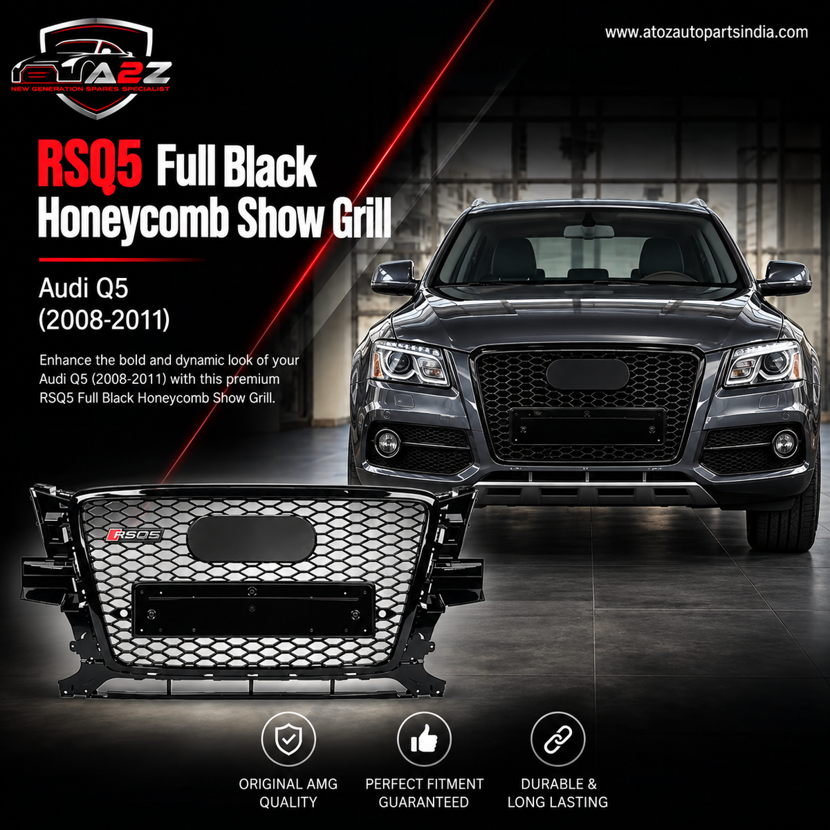 RSQ5 Full Black Honeycomb Show Grill Compatible With Audi Q5 (2008-2011) RSQ5 Black Chrome Tag No.141