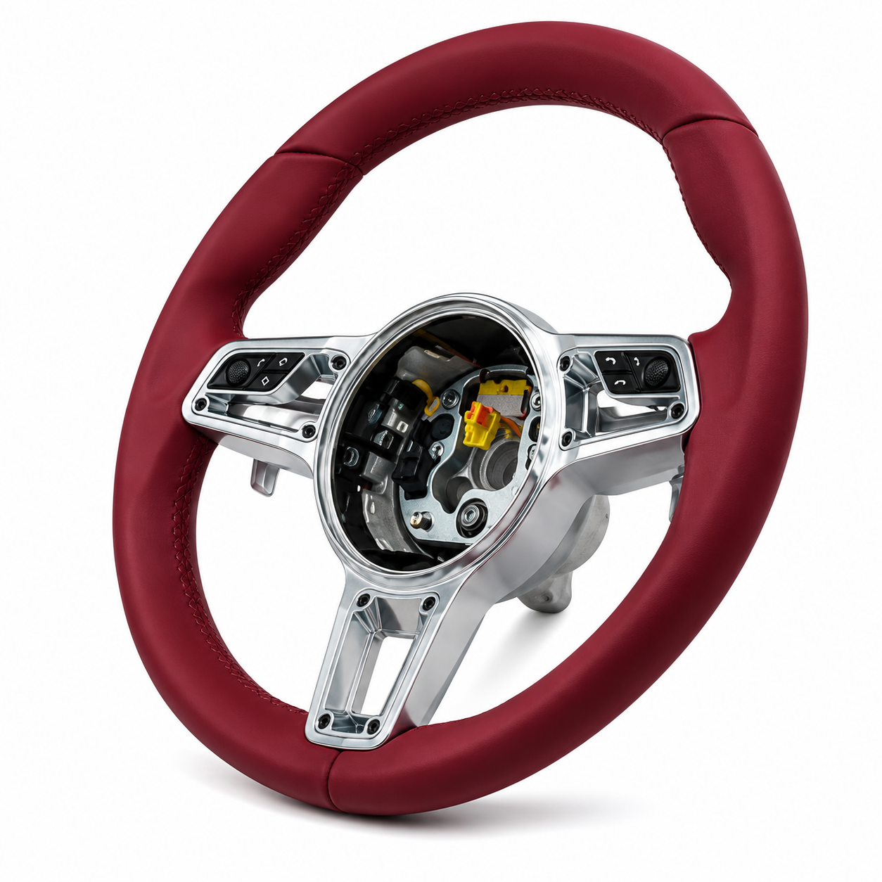 Burgundy Smooth Leather Steering Wheel Compatible With Porsche All Models
