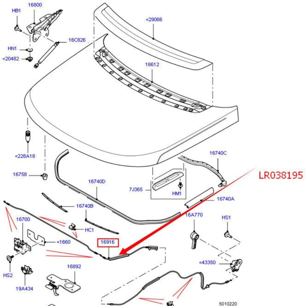 Hood Control Cable LR038195 Compatible With Range Rover Sport - L494 (2013-22)