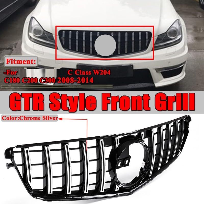 Front Bumper Grill Compatible With Mercedes Benz C Class W204 2007-2014 Front Bumper Grill W204 Grill Gtr Silver