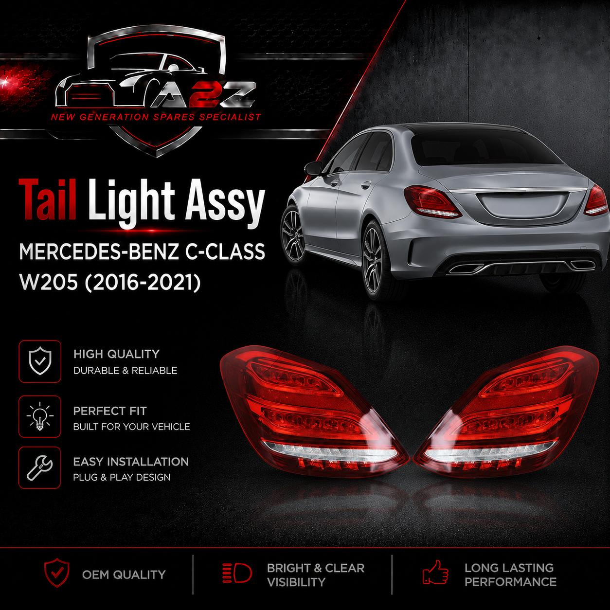 Tail Light Rear Lamp Compatible With MERCEDES-BENZ C-CLASS W205 (2016-2021) Tail Light Rear Lamp Left A2059061357 & Right A2059061457 Tag-TLM-110