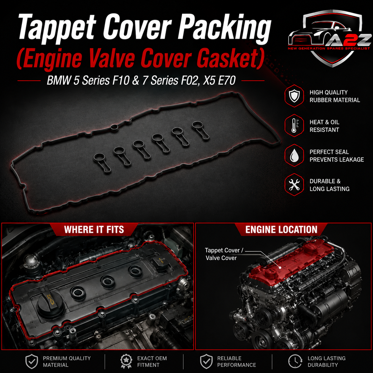 Tappet Cover Packing (Engine Valve Cover Gasket) 11127823943 Compatible With  BMW 5 Series F10 & 7 Series F02, X5 E70 Tag-TC-05