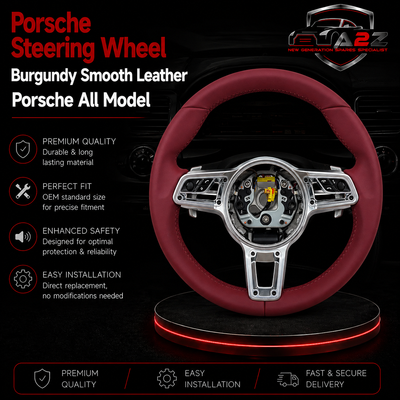 Burgundy Smooth Leather Steering Wheel Compatible With Porsche All Models