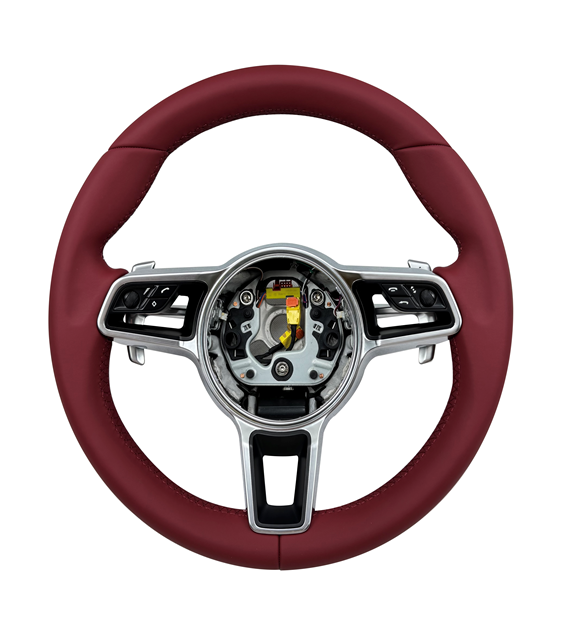 Burgundy Smooth Leather Steering Wheel Compatible With Porsche All Models