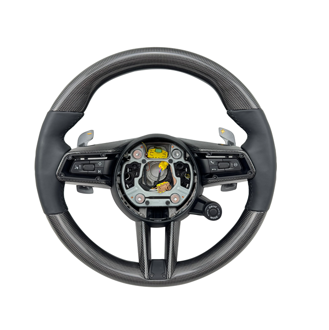 Gloss Carbon Fiber Steering Wheel (Black Leather Grip) Compatible With Porsche All Models