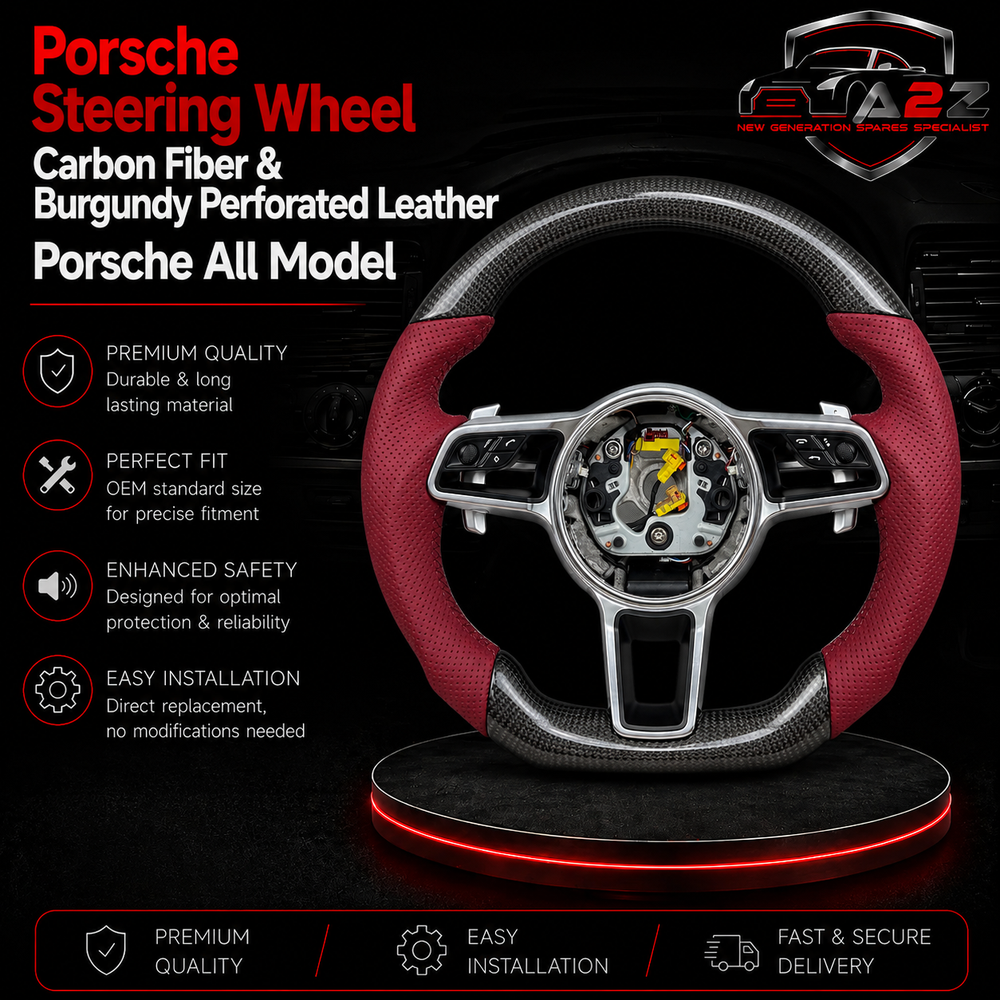 Carbon Fiber & Burgundy Perforated Leather Steering Wheel Compatible With Porsche All Models