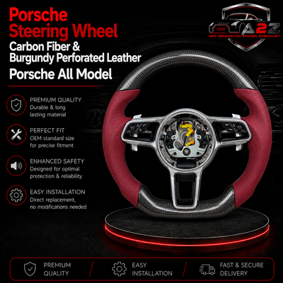Carbon Fiber & Burgundy Perforated Leather Steering Wheel Compatible With Porsche All Models