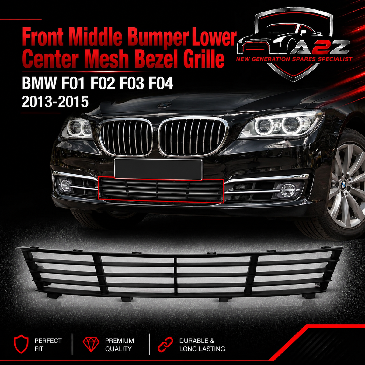 Front Middle Bumper Lower Center Mesh Bezel Grille 51117295273 Compatible With BMW 7 Series (F01, F02, F03, F04) 2013-2015 Tag-BG-59