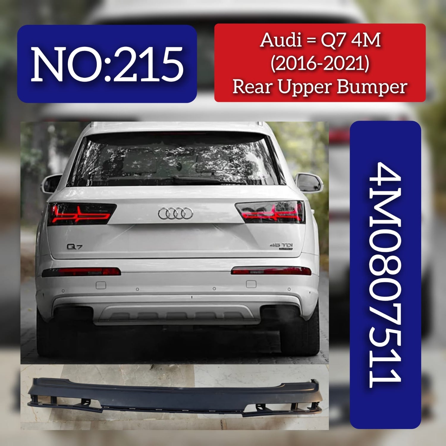 Rear Bumper Upper Black 4M0807511  4M0807511GRU Compatible With AUDI Q7 2016 Tag No.215