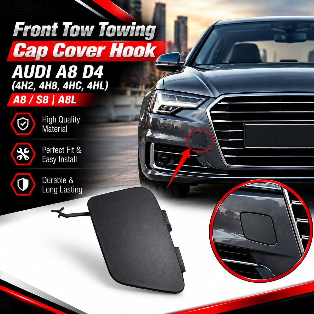 Front Tow Towing Cap Cover Hook 4H0807241B Compatible with AUDI A8 D4 (4H2, 4H8, 4HC, 4HL) | A8 / S8 | A8L 2011-2014 Tag No.64.