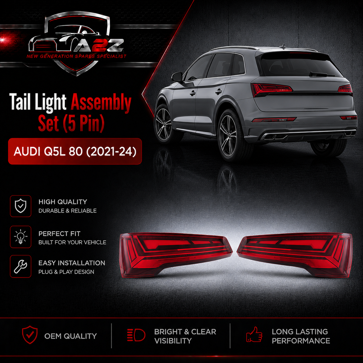 Tail Light Assembly Set (5 Pin) Left 80A945075B & Right 80A945076B Compatible With Audi Q5L 80 (2021-24) Tag NO.175