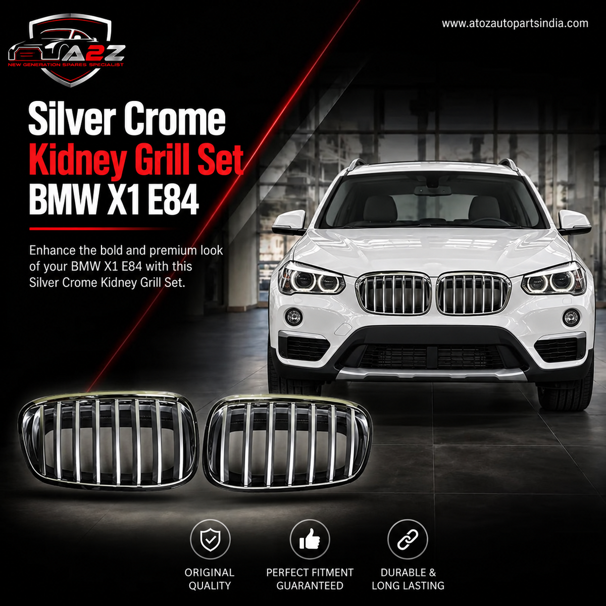 Silver Crome Kidney Grill Set 51112993307=L.H & 51112993308=R.H Compatible With BMW = X1 E84Tag 27