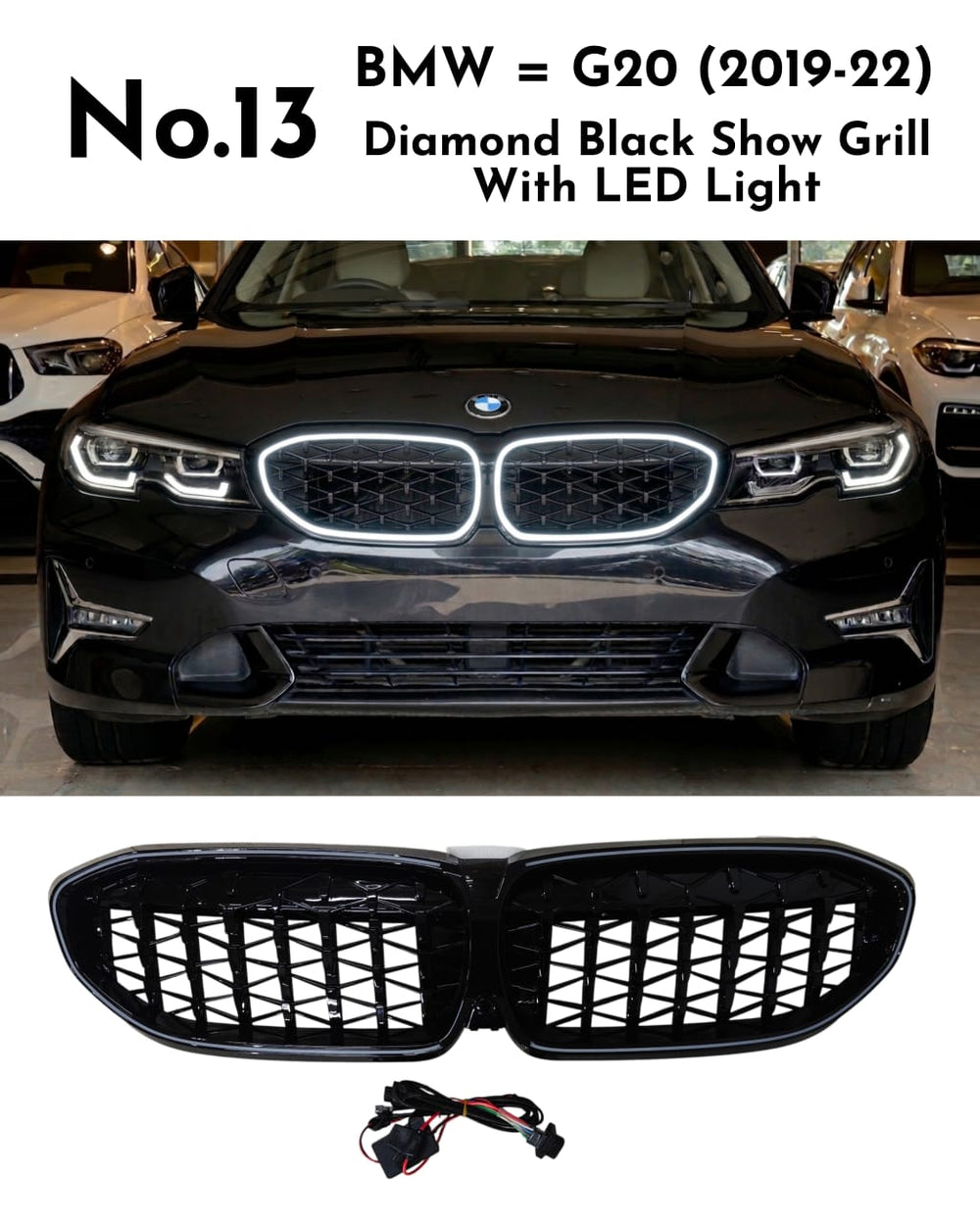 Diamond Black Show Grill With LED Light Compatible With BMW = G20 (2019-22) No.13