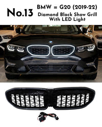 Diamond Black Show Grill With LED Light Compatible With BMW = G20 (2019-22) No.13
