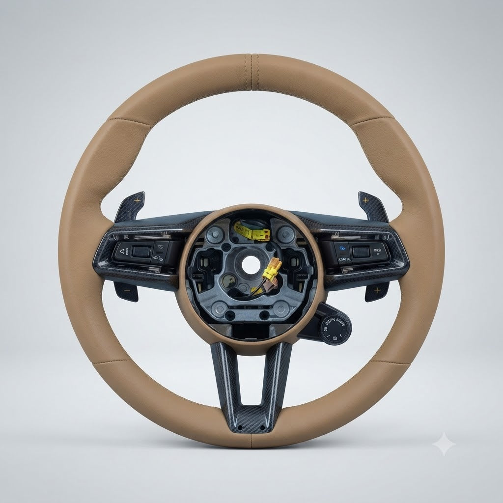Carbon Fiber & Full Beige Leather Steering Wheel with Drive Mode Selector Compatible With Porsche All Models