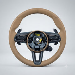 Carbon Fiber & Full Beige Leather Steering Wheel with Drive Mode Selector Compatible With Porsche All Models