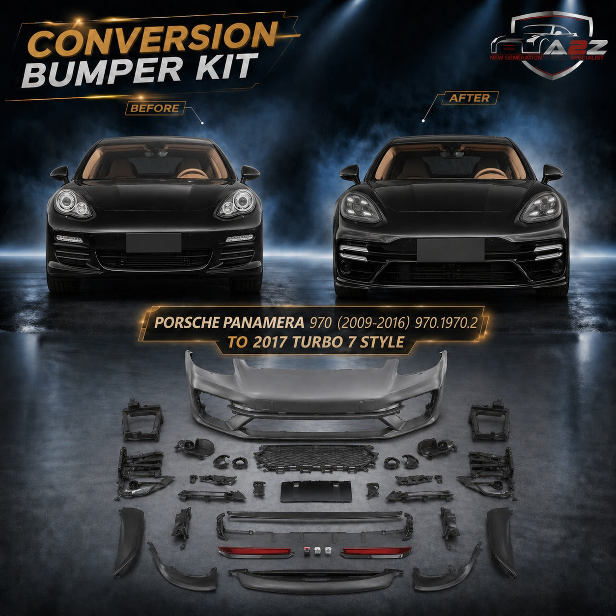 Conversion Bumper Kit Compatible With Porsche Panamera 970 (2009-2016) Upgrade  To 2017 Turbo 7 Style  (Shipping Cost Not Included In Price)