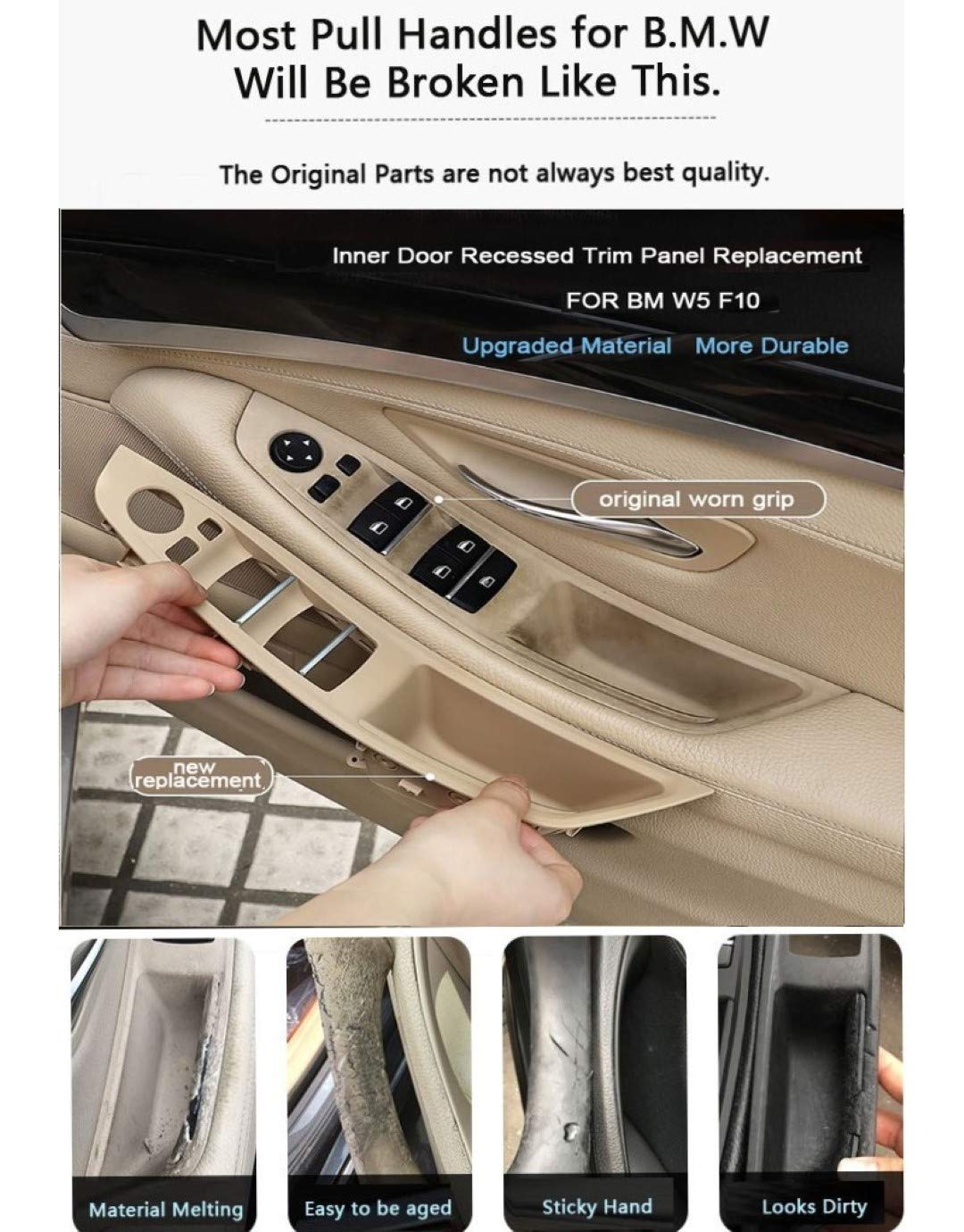 Door Handle Compatible with BMW 5 Series Door Handle 5 Series F10 2010-2017 Pull Black