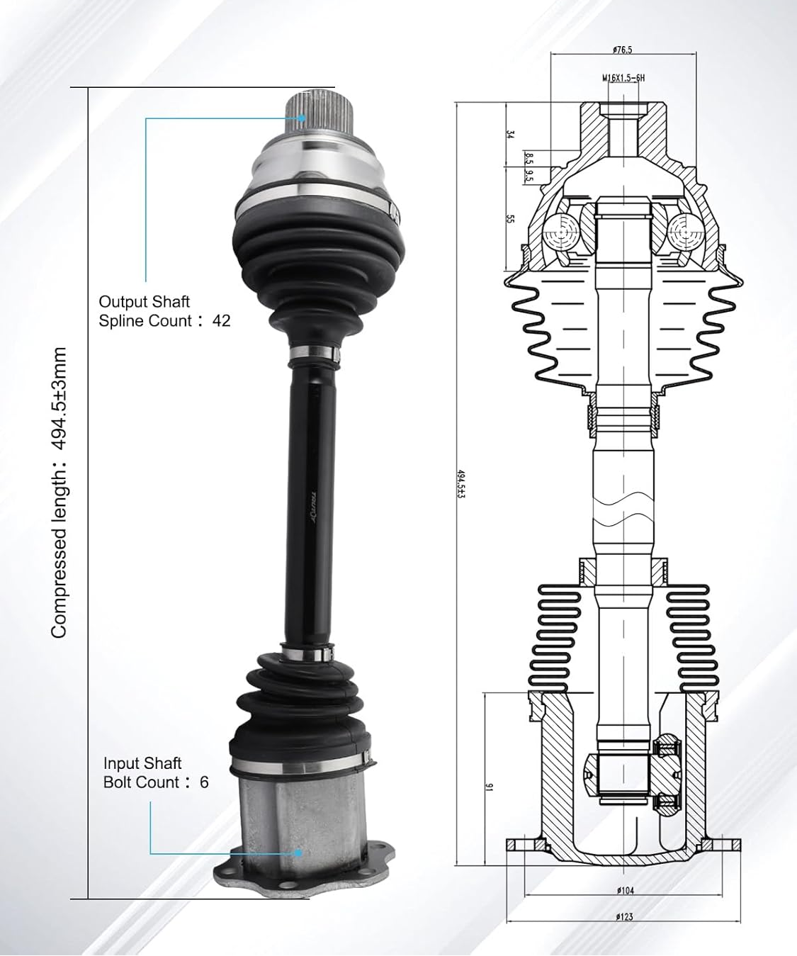 Front CV (Constant Velocity) Drive Shaft 4G0407271F Copmpatible With Audi A6 A7 A8 Q5 / SQ5