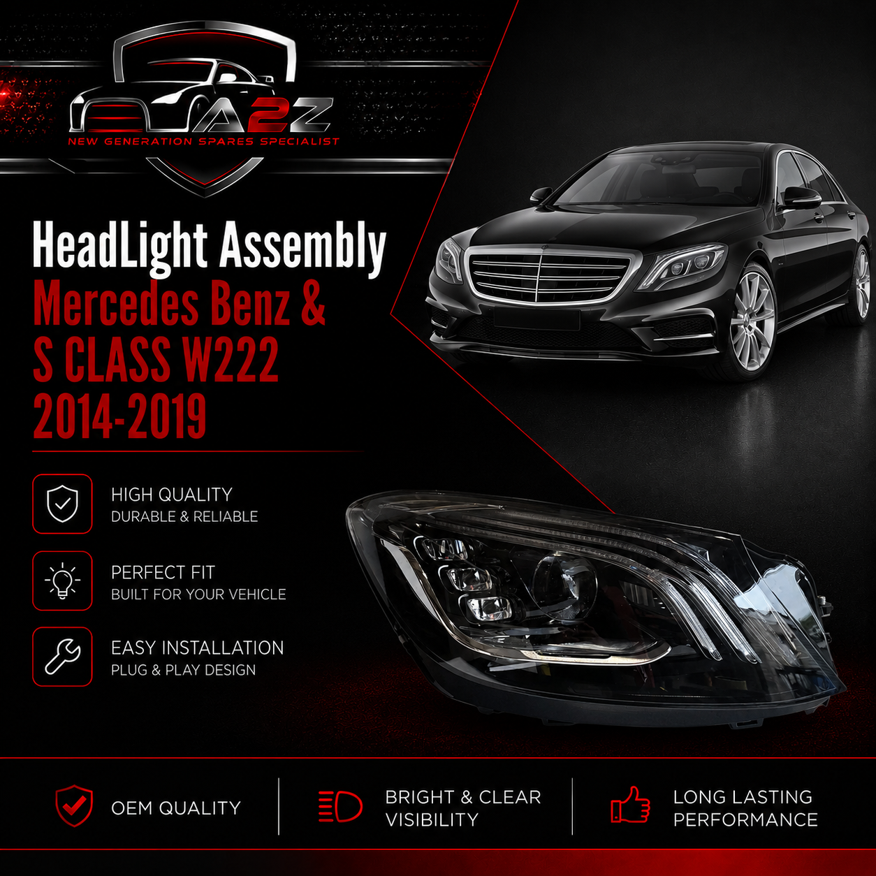 Complet Headlight Headlamp Left & Right Side Compatible With Mercedes & Mercedes Benz & S CLASS W222 2014-2019