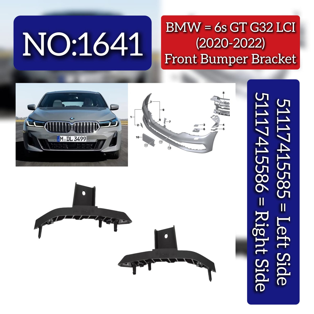 Front Bumper Bracket Set Left 51117415585 Right 51117415586 Compatible With BMW 6s GT G32 LCI (2020-2022)Tag No.1641