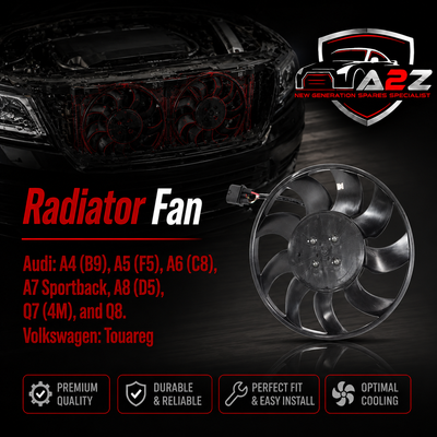 Radiator Fan 8W0959455AE 8W0959455A 8W0959455B 8W0959455L Compatible With Audi: A4 (B9), A5 (F5), A6 (C8), A7 Sportback, A8 (D5), Q7 (4M), and Q8. Volkswagen: Touareg