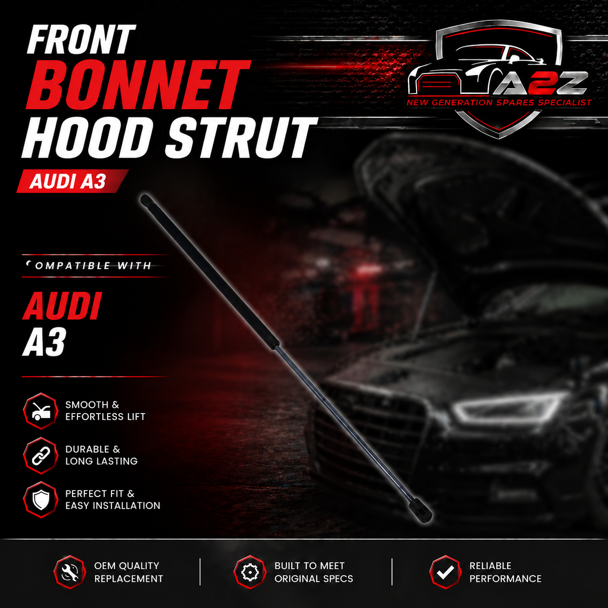 Front Bonnet Hood Strut 8V082335903S Compatible With AUDI A3 Convertible (8V7, 8VE) | A3 / S3 & MERCEDES BENZ C-CLASS  W204