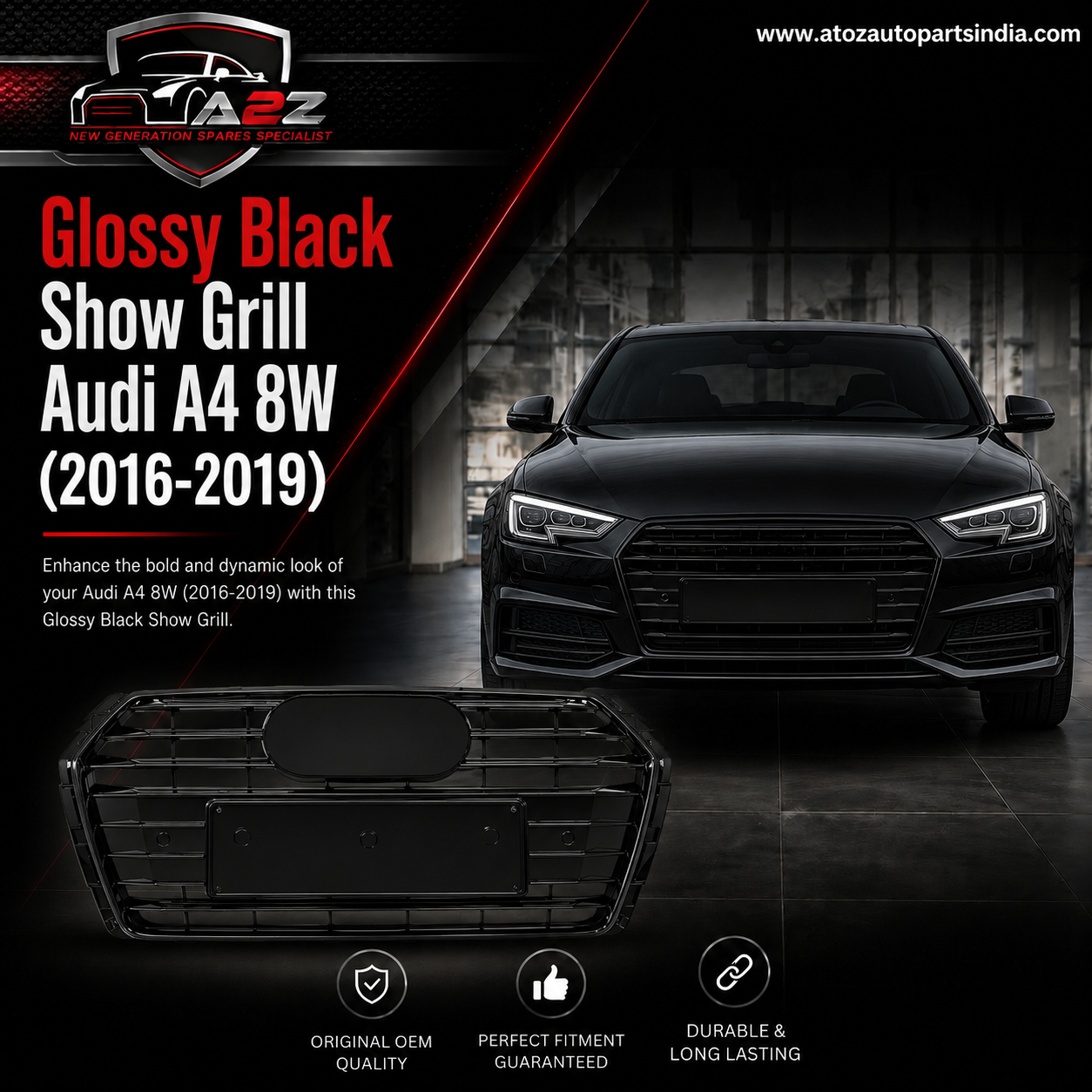 Glossy Black Show Grill A8WD853551ERN4 Compatible With Audi A4 8W (2016-2019) Tag No.22