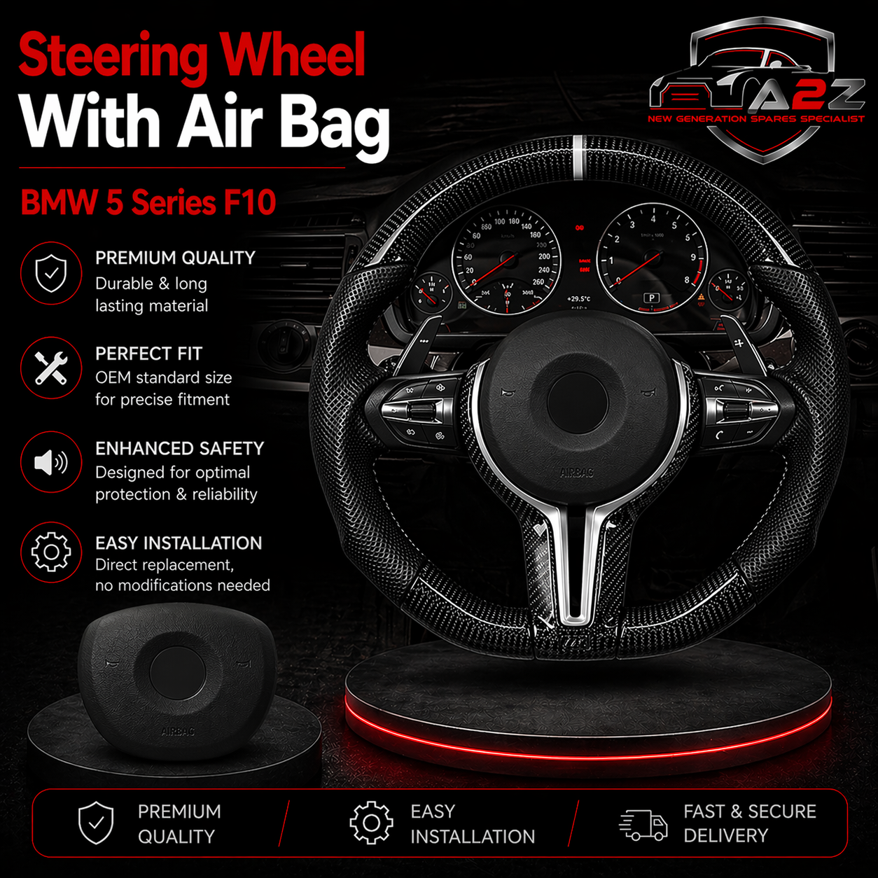 Carbon Fiber Steering Wheel With Air Bag (Big Hole) Compatible with BMW 5 Series F10