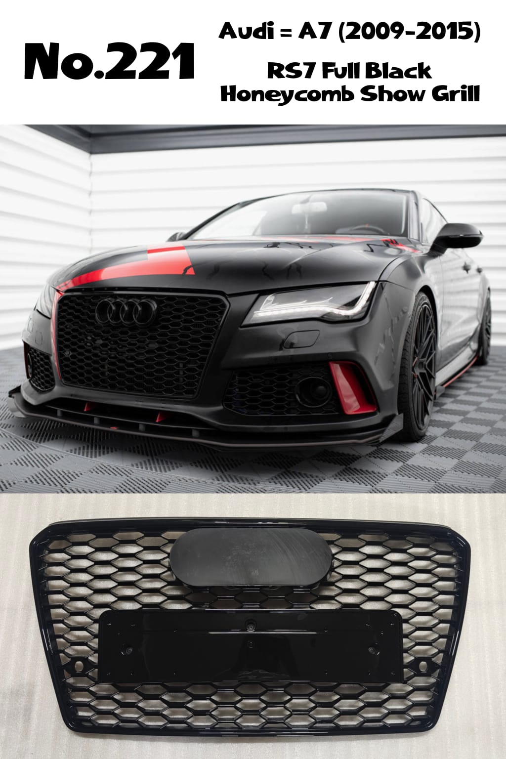 RS7 Full Black Honeycomb Show Grill Compatible With Audi = A7 (2009-15) Tag No.221