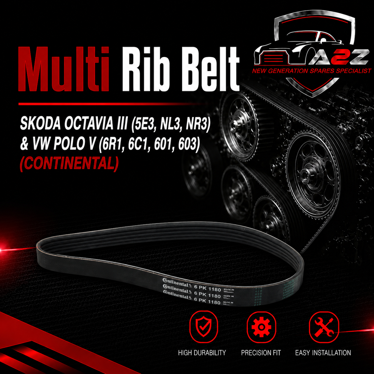 Multi Rib Belt 6PK1180 06L903137A Compatible With SKODA OCTAVIA III (5E3, NL3, NR3) & VW POLO V (6R1, 6C1, 601, 603) (CONTINENTAL)