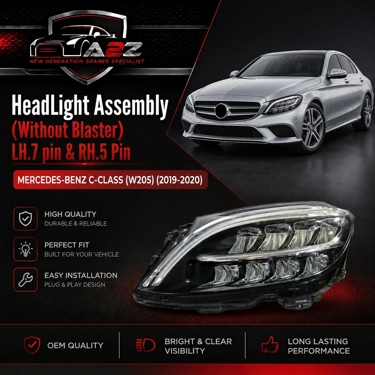Headlight Headlamp Left A2059068905 (7 Pin) & Right A2059069005 (5 Pin) (Without Blaster) Compatible With MERCEDES-BENZ C-CLASS (W205) (2019-2020)