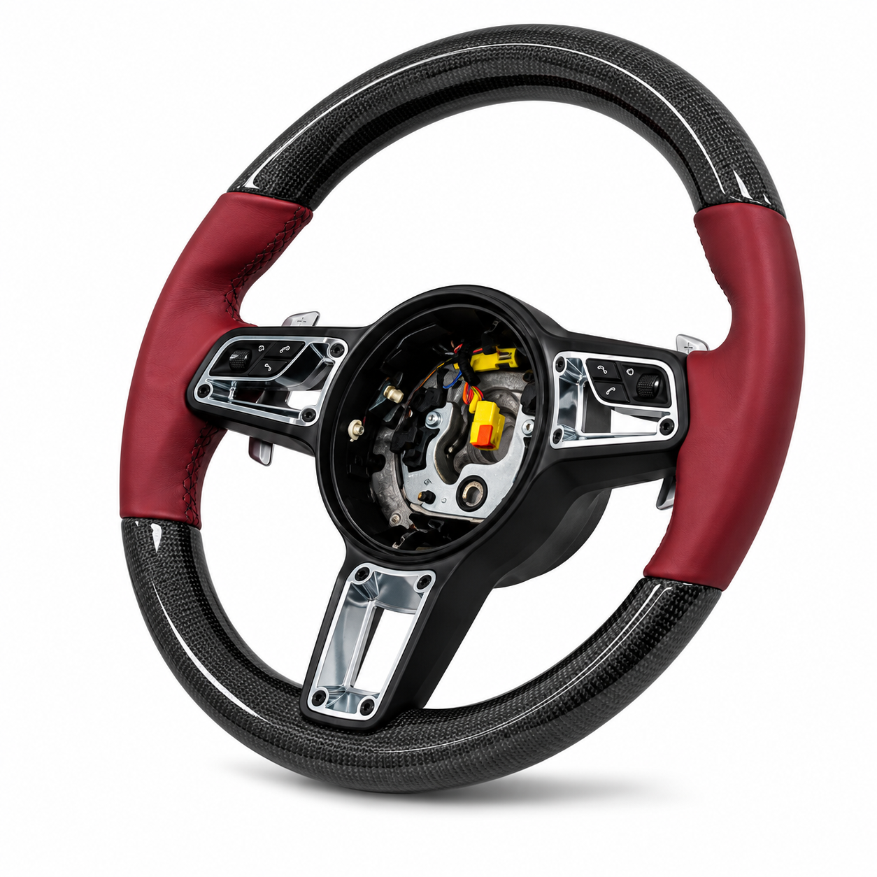 Carbon Fiber & Burgundy Smooth Leather Steering Wheel Compatible With Porsche All Models
