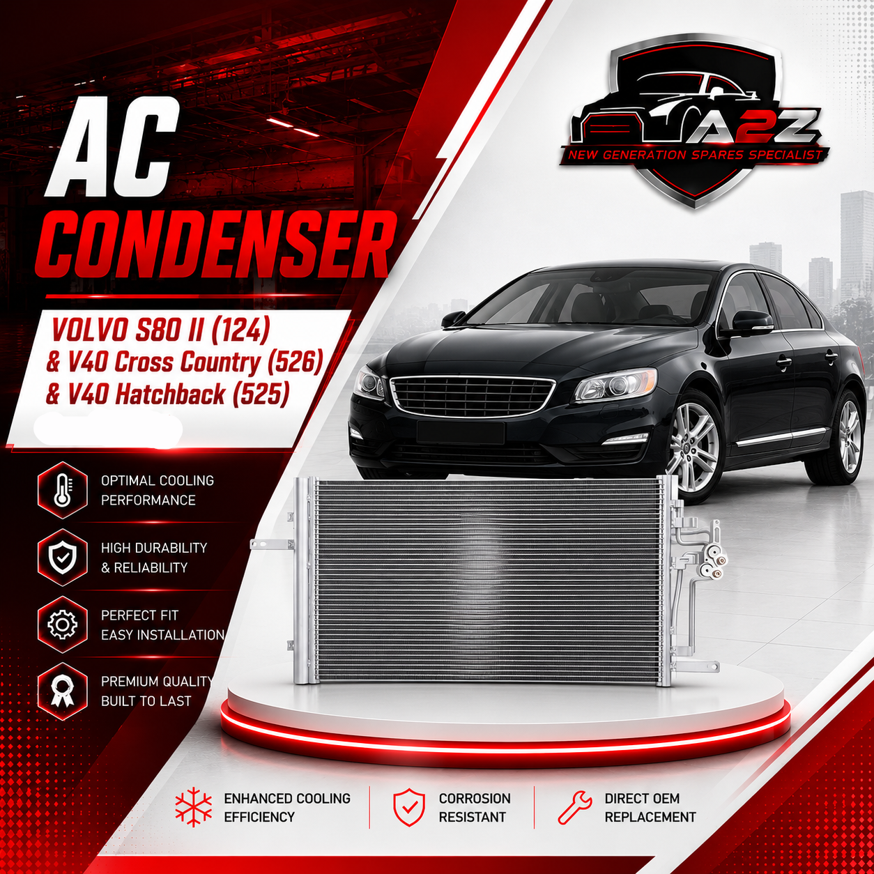 AC Condenser 31274157 Compatible with VOLVO S80 II (124) & V40 Cross Country (526) & V40 Hatchback (525) Tag No.305