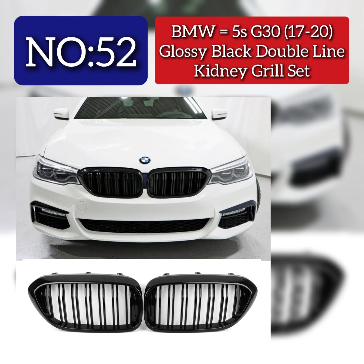 Glossy Black Double Line Kidney Grill Set Compatible With BMW 5s G30 (2017-2020) Tag No.52