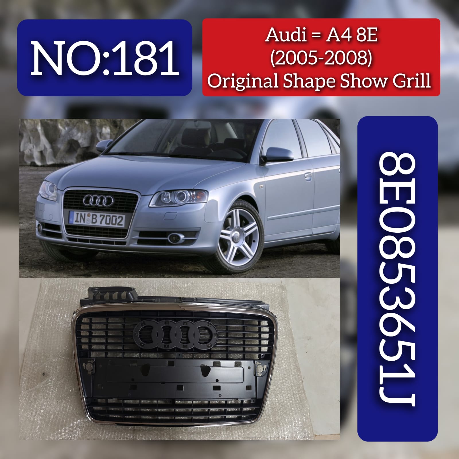 Front Show Grill 8E0853651J 8E0853651AA 8E0853651J1QPCompatible With AUDI A4 B7 2005-2008