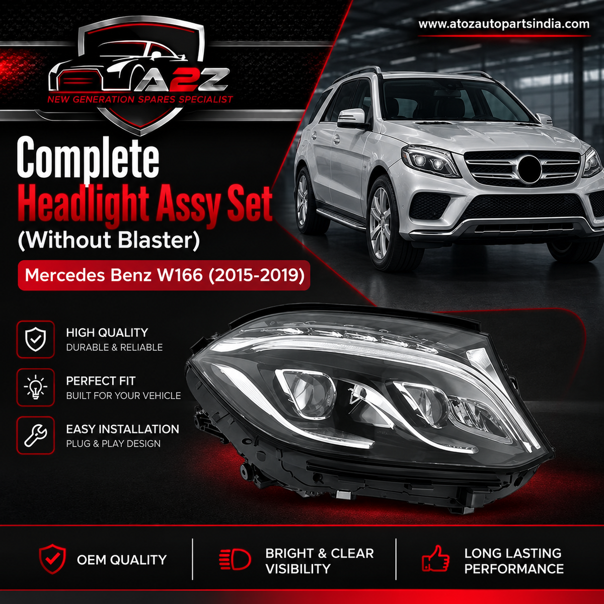 Complete Headlight Assy Set (Without Blaster) Left 1668202300 & Right 1668202400 Compatible With Mercedes Benz W166 (2015-2019) Tag No.127