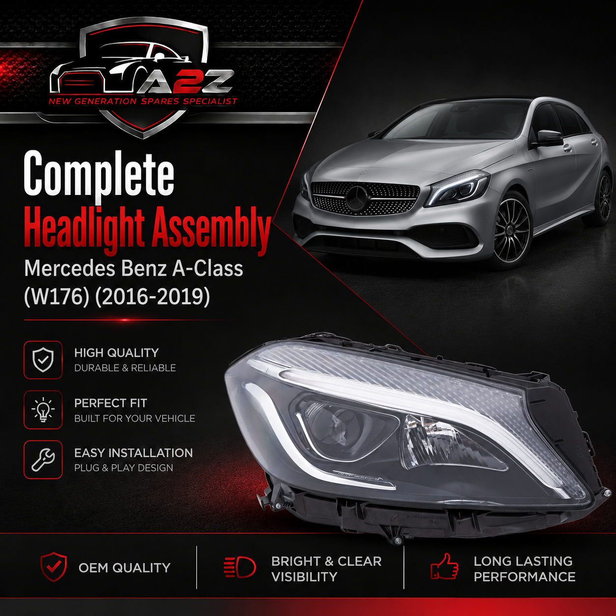 Complete Headlight Assembly Left A1769065900 & Right A1769066000 Compatible With Mercedes Benz A-Class (W176) (2016-2019)