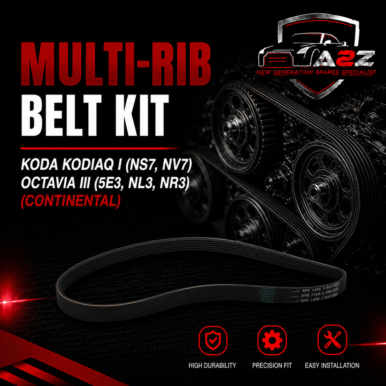 Multi Rib Belt Kit 6PK1026K1 Compatible With SKODA KODIAQ I (NS7, NV7) OCTAVIA III (5E3, NL3, NR3) (CONTINENTAL)