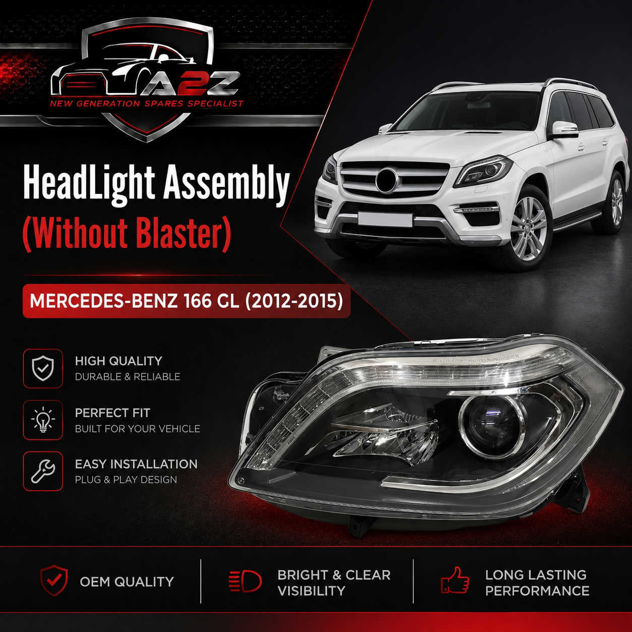 Complete Headlight Headlamp Assy Left A1668203459 & Right A1668203559 (Without Blaster) Compatible With MERCEDES-BENZ 166 GL (2012-2015) Tag No.117