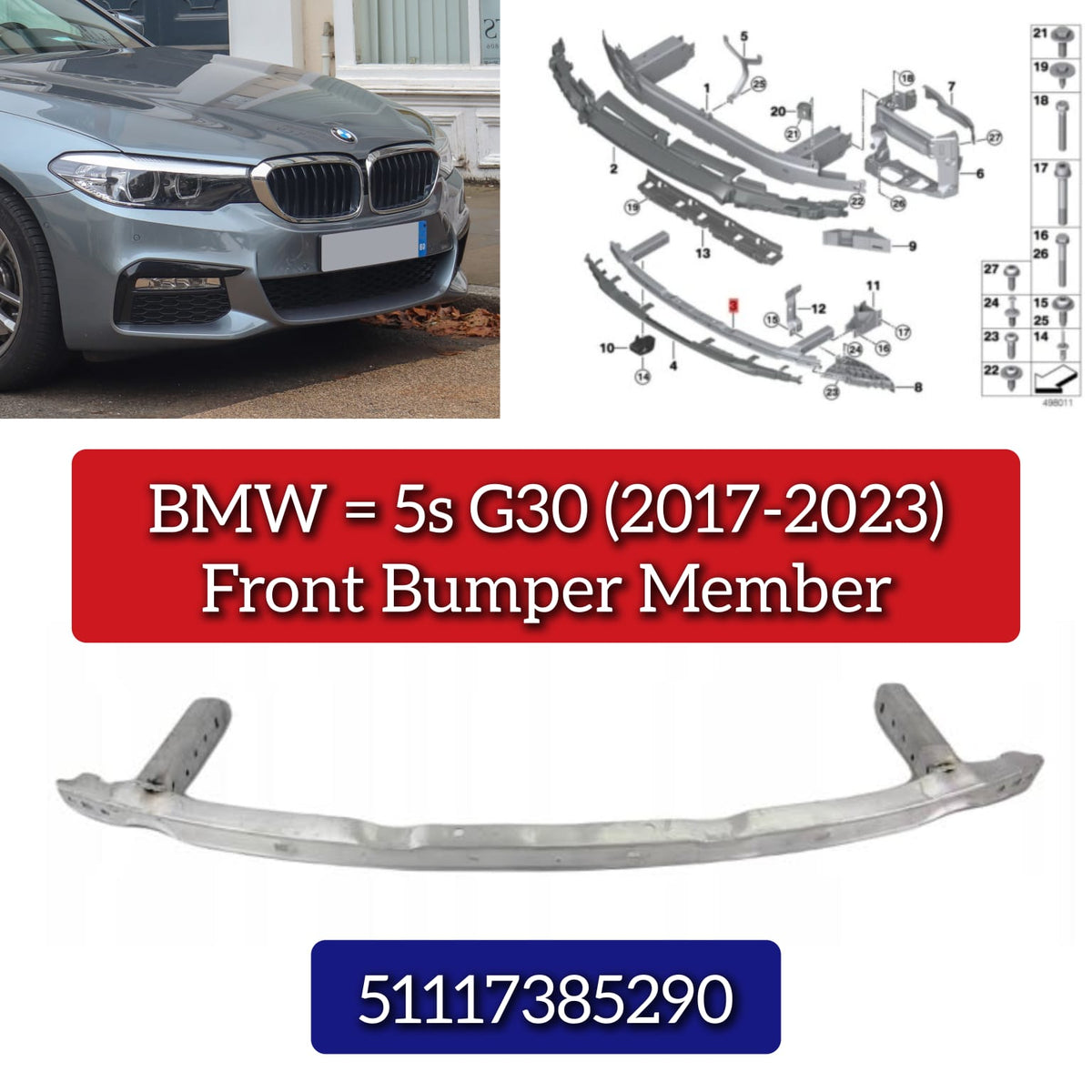 Front Bumper Member 51117385290 Compatible With BMW 5s G30 (2017-2023)