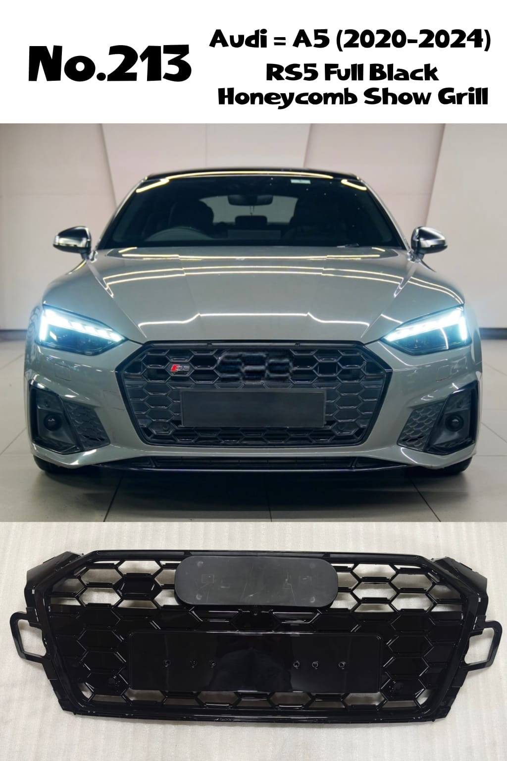 RS5 Full Black Honeycomb Show Grill Compatible With Audi = A5 (2020-24) Tag No.213